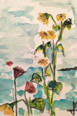 Acquerello "Papaveri e Girasoli al Mare"